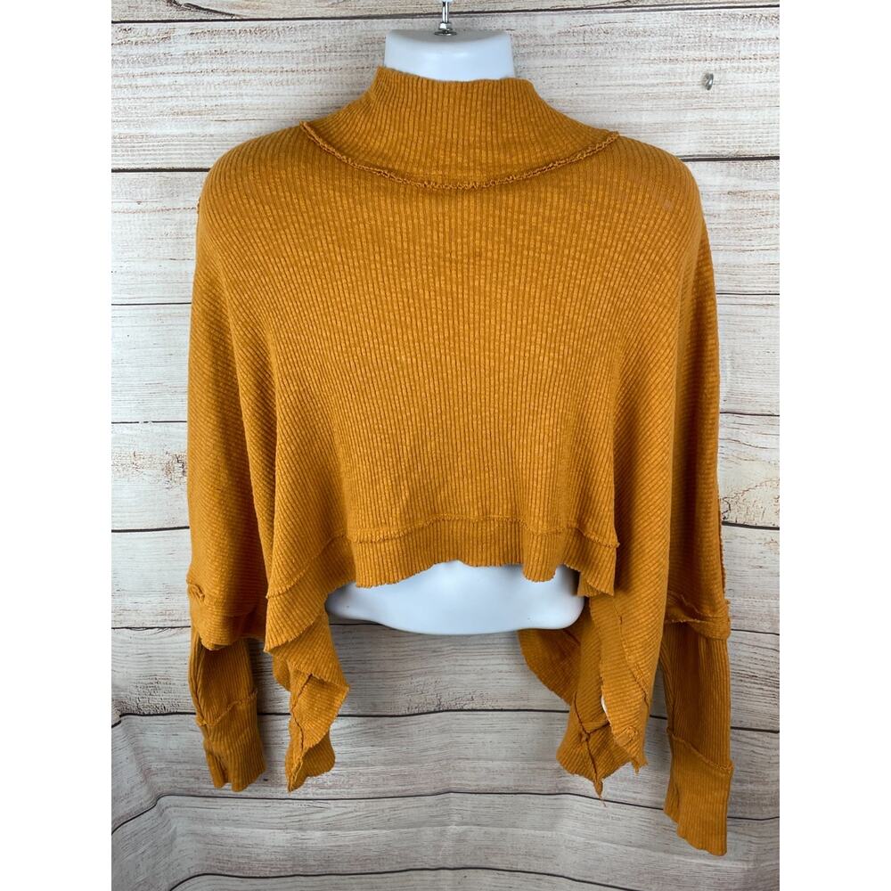 Free People We The Free Moon Daisy Sz L Turtleneck Ribbed Poncho Sweater Mustard